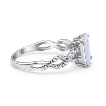 Art Deco Twisted Shank Infinity Emerald Cut Lab Created White Opal 925 Sterling Silver